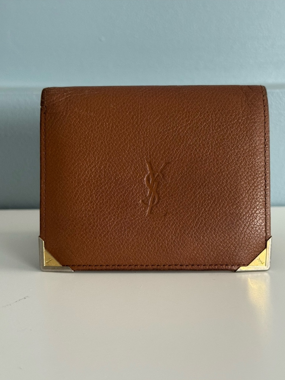 Saint Laurent Brown Leather Small Wallet with Gold Corner Hardware / Kisslock